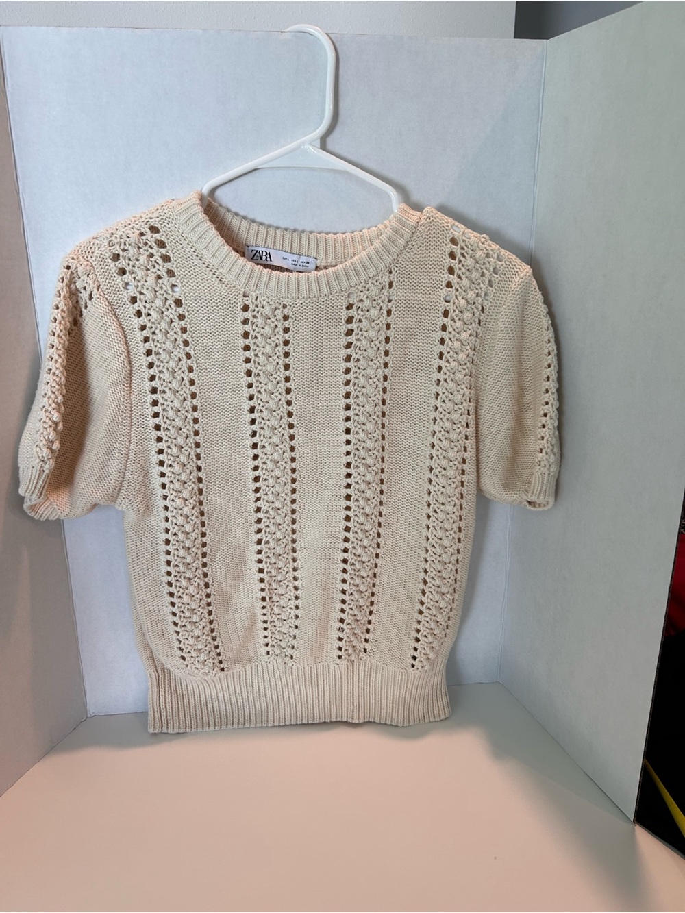 Zara Cream Openwork Short Sleeve Knit Top